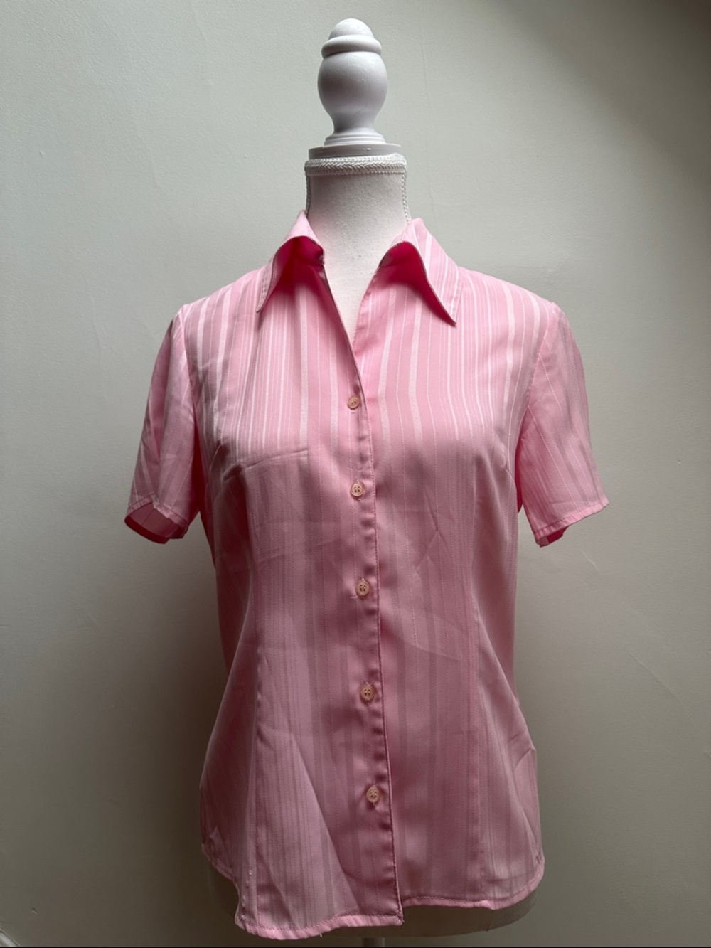 SCRIPT Y2K Pink Stripe Preppy Academia Collared Short‎ Sleeve Blouse Size Small